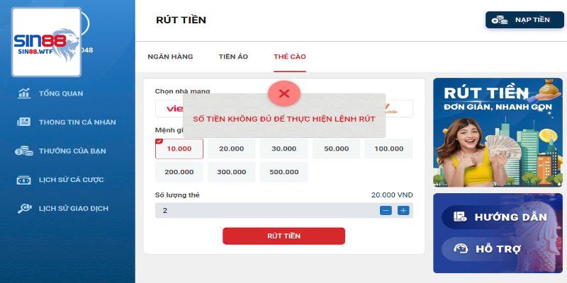 Lý do giao dịch rút tiền Sin88 không thành công?