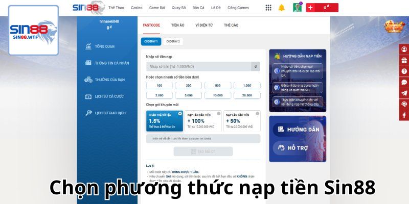 Chọn phương thức nạp tiền Sin88